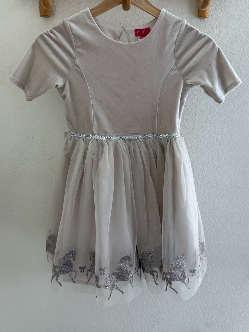Zunie velvet silver cream unicorn glitter tulle short sleeve dress Size 7-8